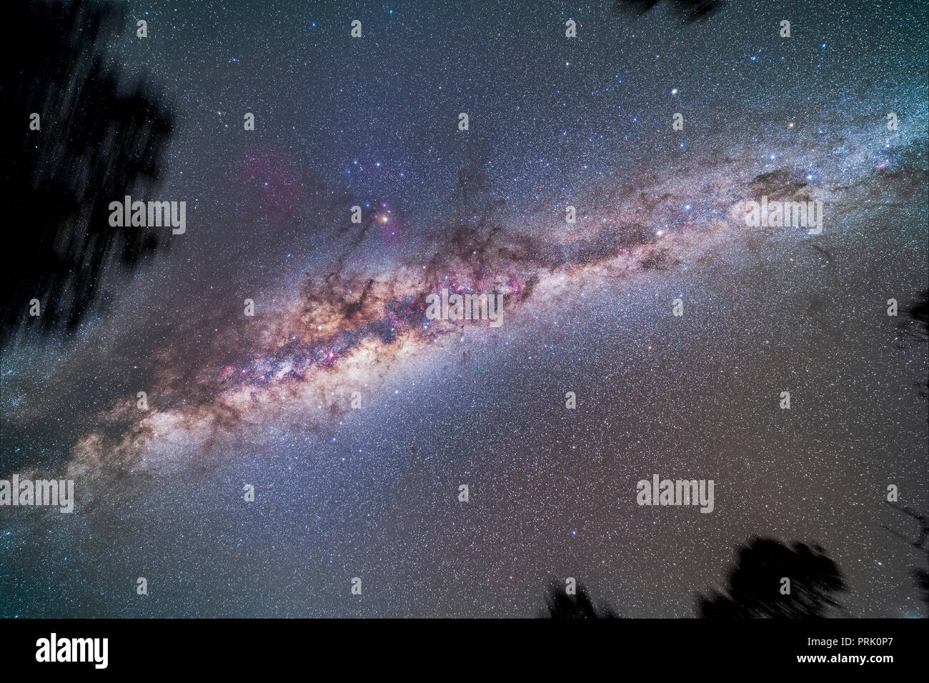 A view looking up to the zenith at the centre of the Galaxy and the Dark Emu formation of dark nebulas and lanes in the Milky Way stretching across th Stock Photo