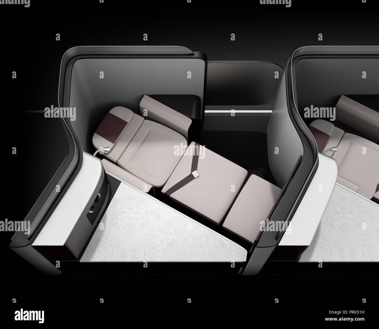 Luxury business class suites interior. Reclining seat in fully flat