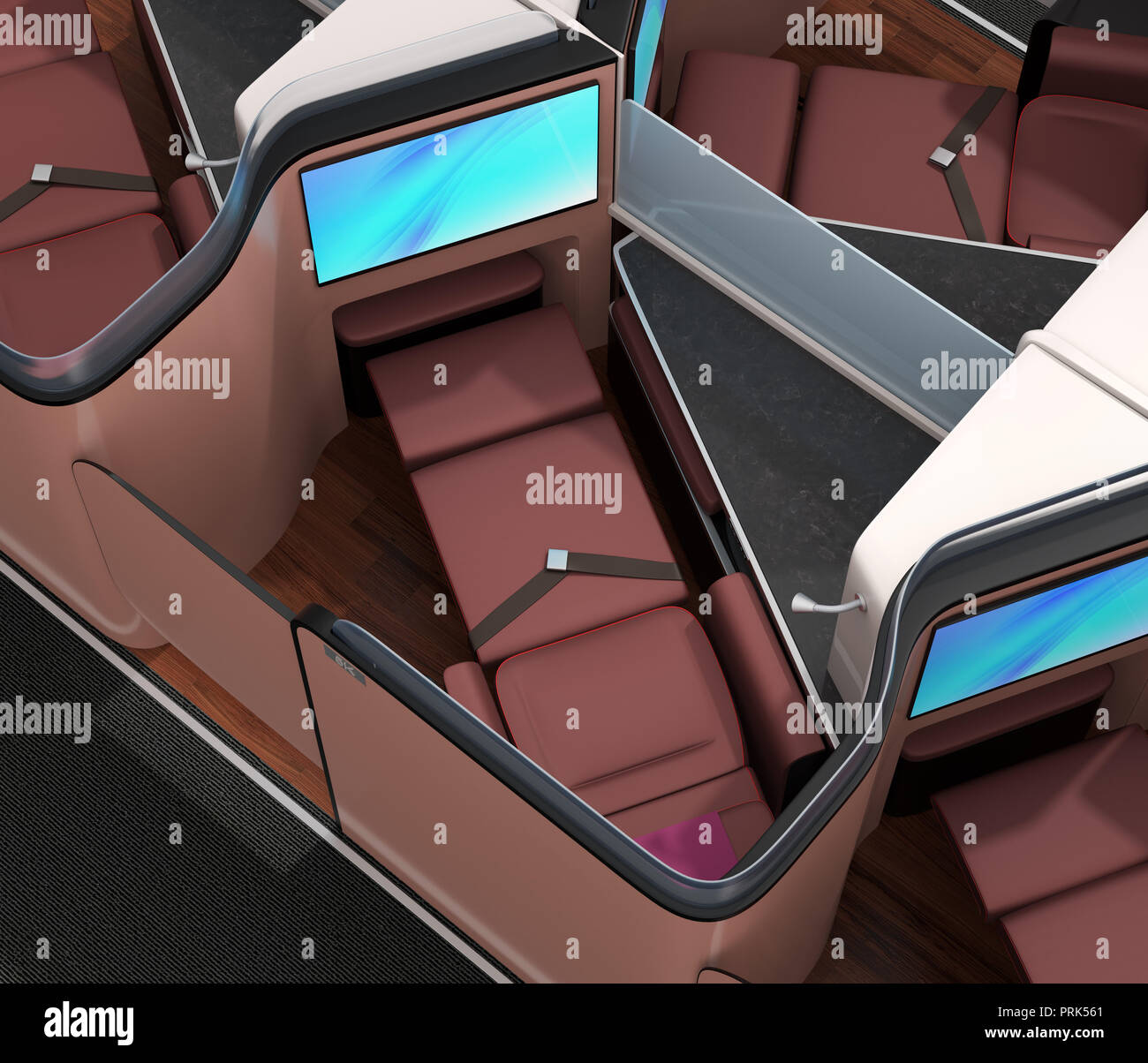 Luxury business class suites interior. Reclining seat in fully flat
