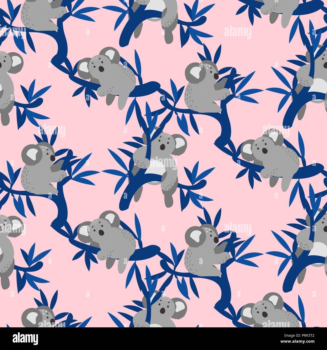 Seamless pattern with cute koala bears on eucalyptus tree. Stock Vector