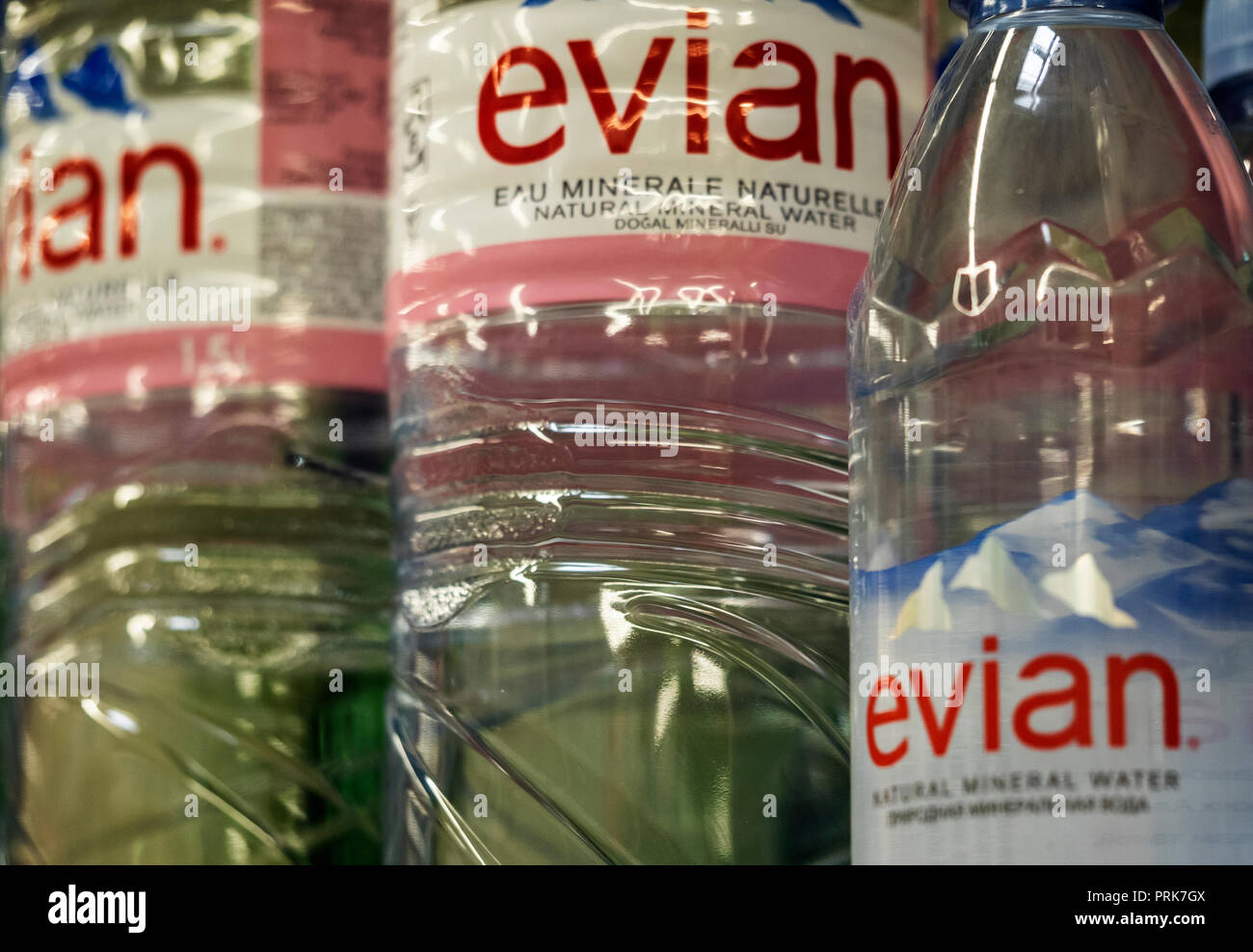 Evian Spring Water in Ukranian store. Evian, is a brand of mineral water coming from several