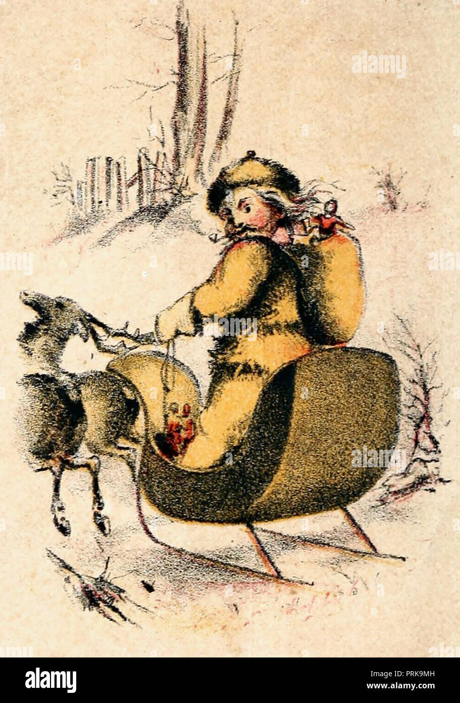 Santa Claus on his sleigh with reindeer pulling Stock Photo