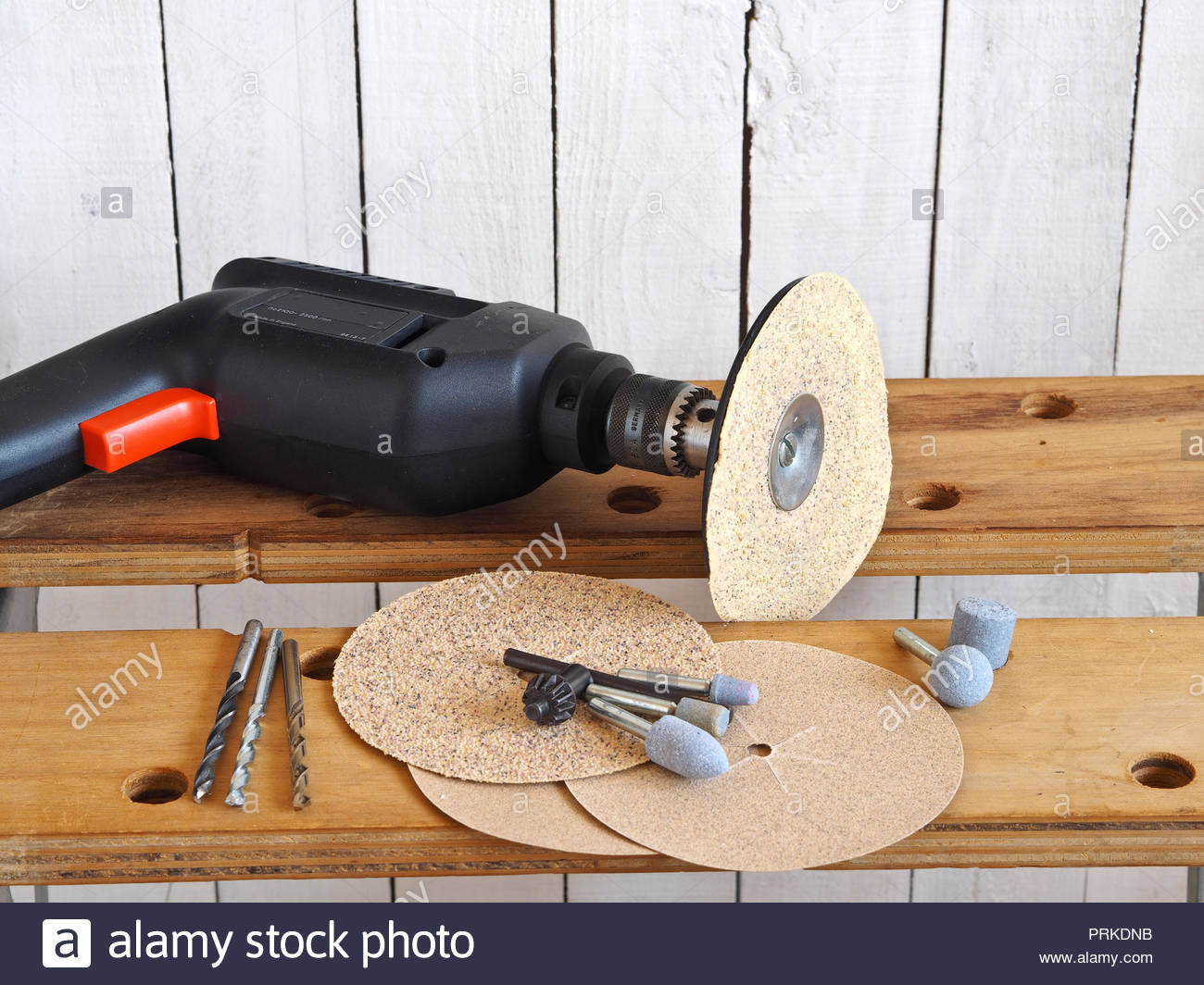 Electric Power Sander On Work Bench With Accessories Stock Photo