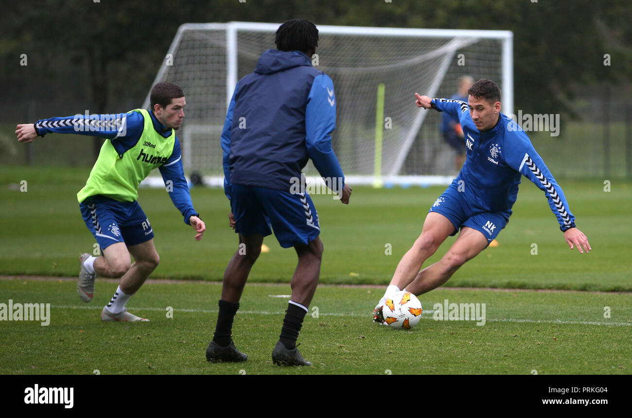 Ranger's Ryan Kent (left) and Nikola Katic during a training session at the  Hummel Training Centre, Glasgow Stock Photo - Alamy