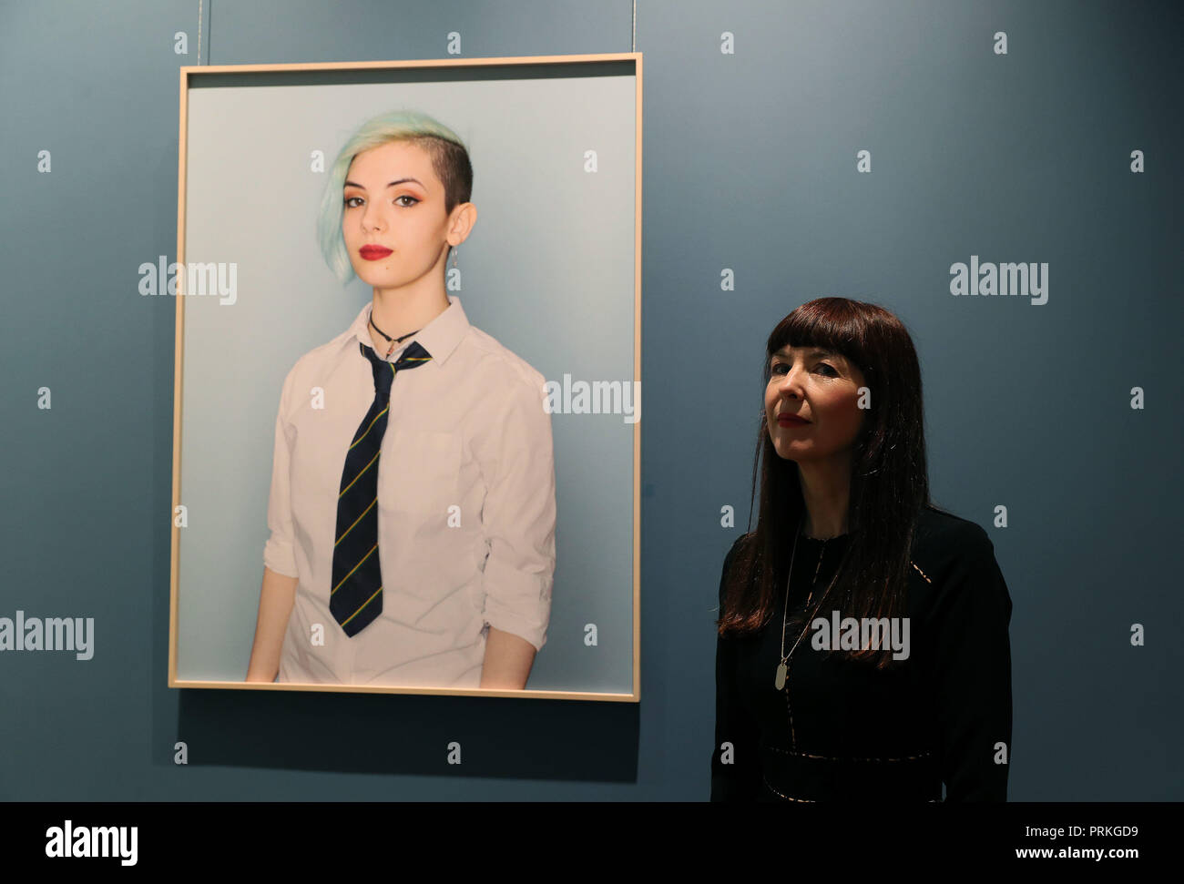 Mandy O'Neill with her piece 'Diane' at a press preview in Dublin as the National Gallery of Ireland announced the shortlist for the Zurich Portrait Prize. The winner will be announced on Monday, 22nd October 2018. Stock Photo
