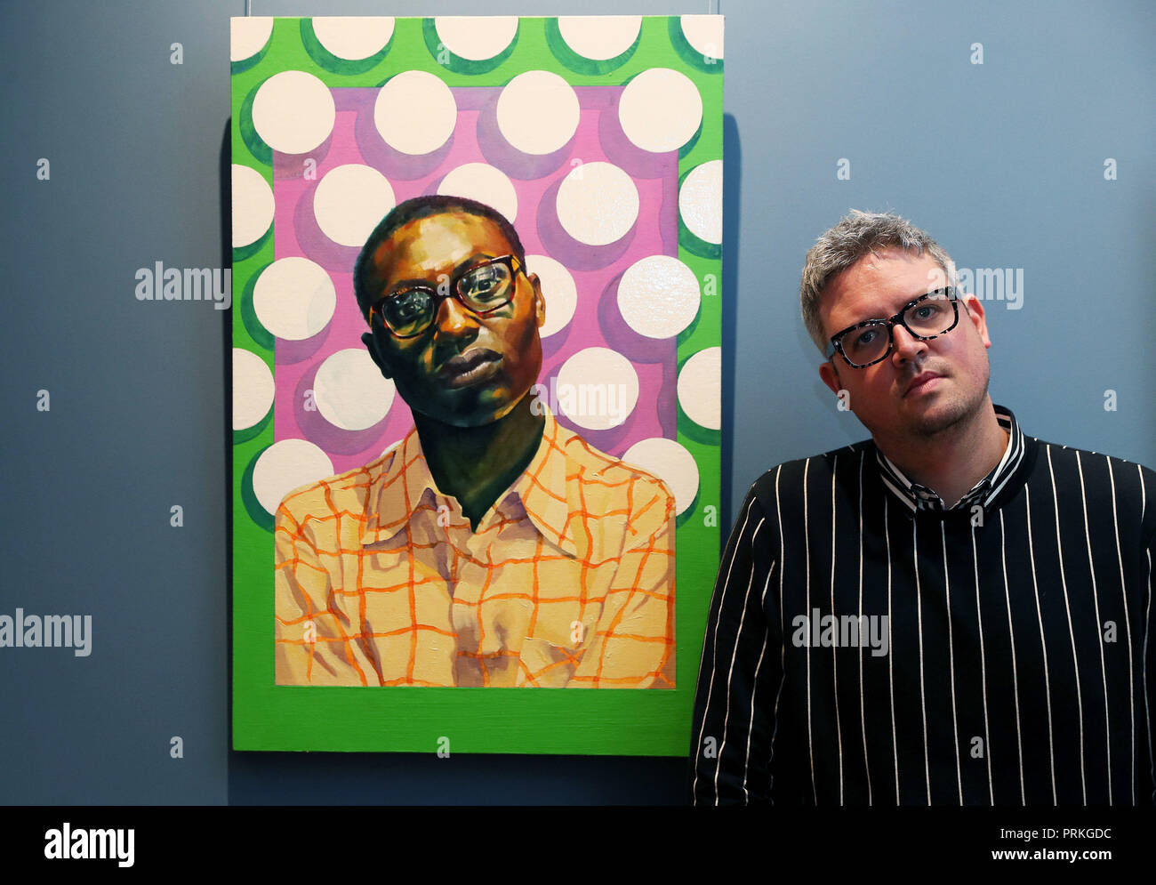 Peter Bradley with his piece 'Sonder' at a press preview in Dublin as the National Gallery of Ireland announced the shortlist for the Zurich Portrait Prize. The winner will be announced on Monday, 22nd October 2018. Stock Photo