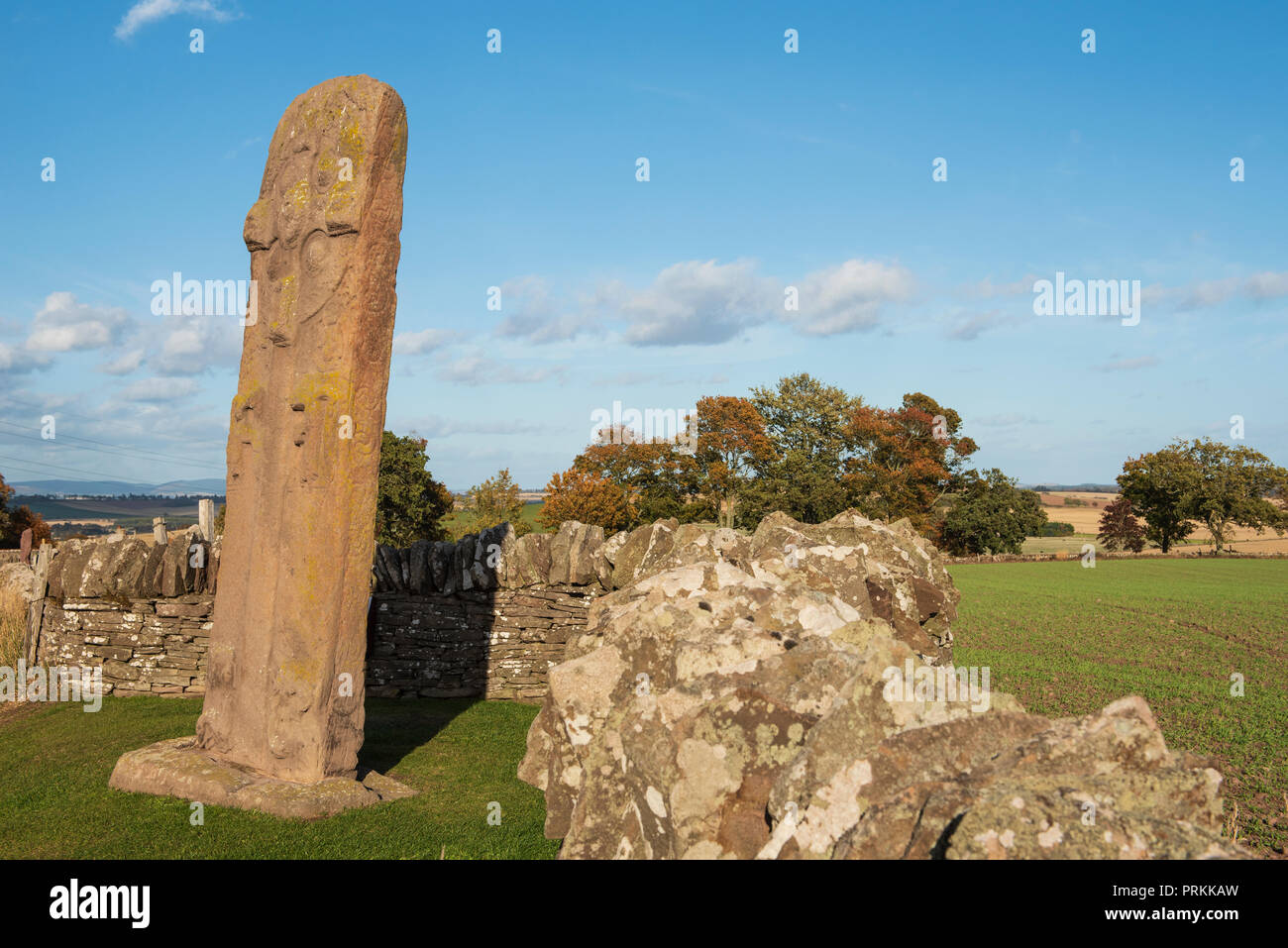 The Great Stone ( The Roadside Cross ) one of three 8th century Pictish stones at the side of the B9134 at Aberlemno, Angus, Angus, Scotland. Stock Photo