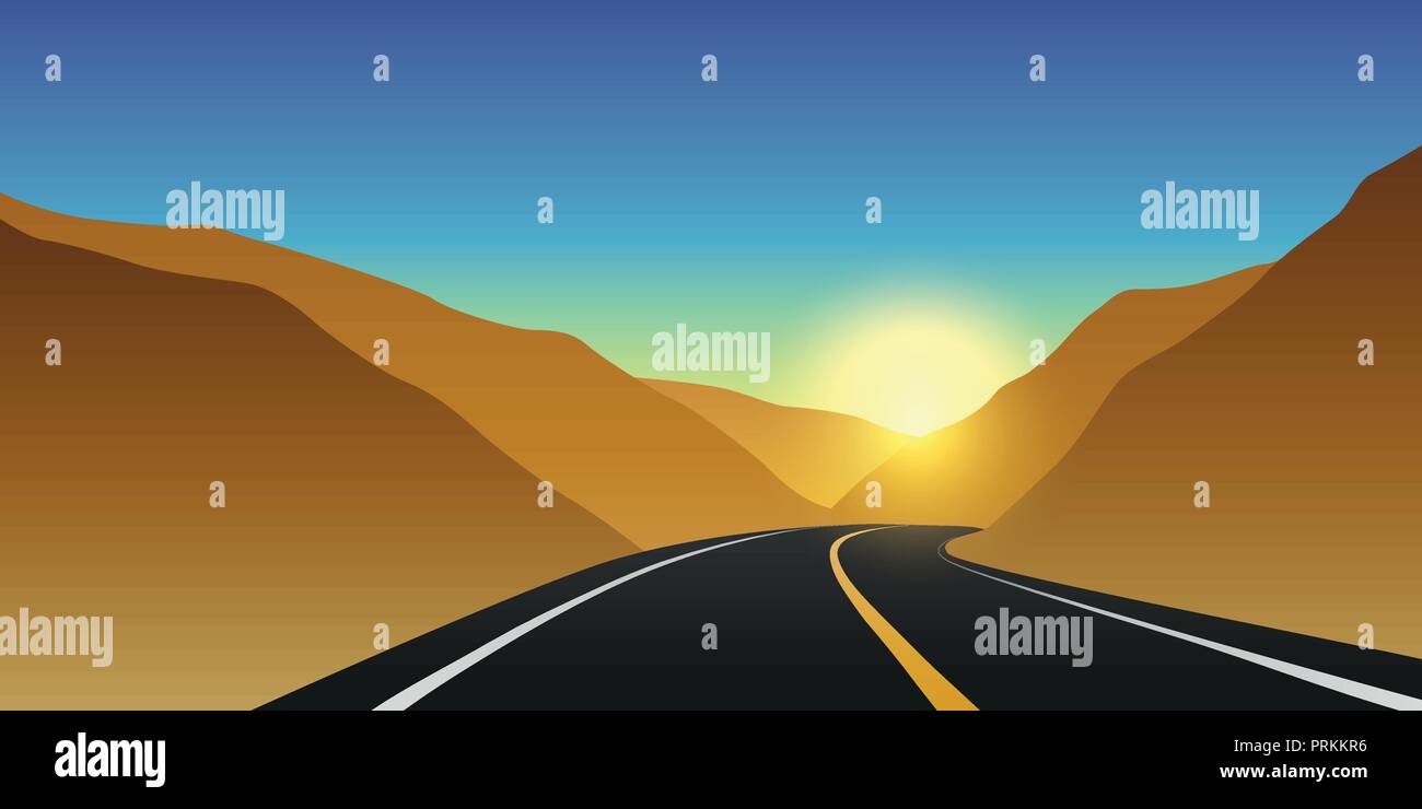 highway mountain road at sunrise autumn landscape vector illustration EPS10 Stock Vector