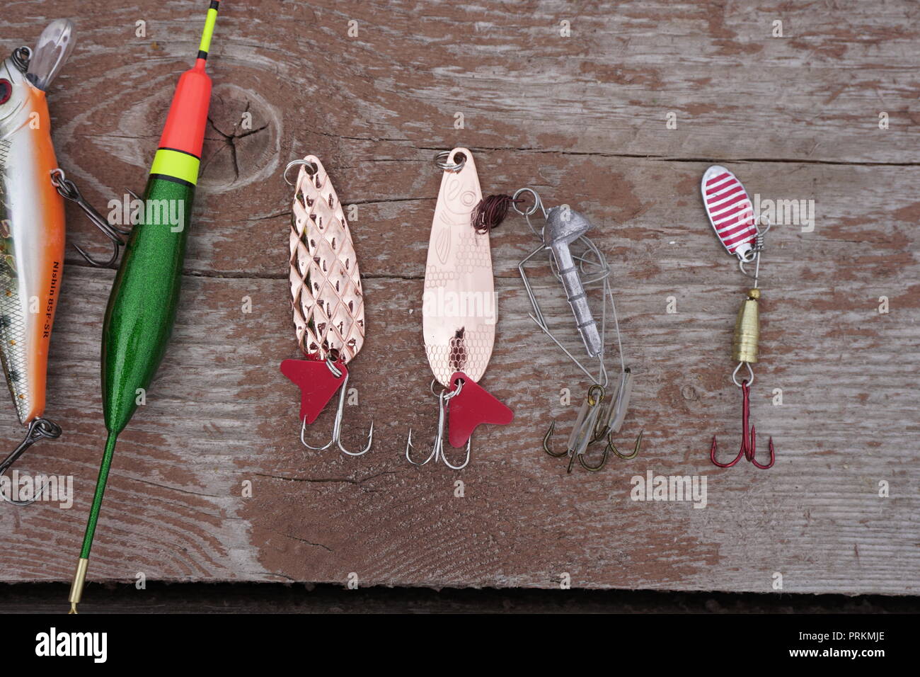 fishing tackle fisherman hooks a fish floats fishing rods Stock Photo