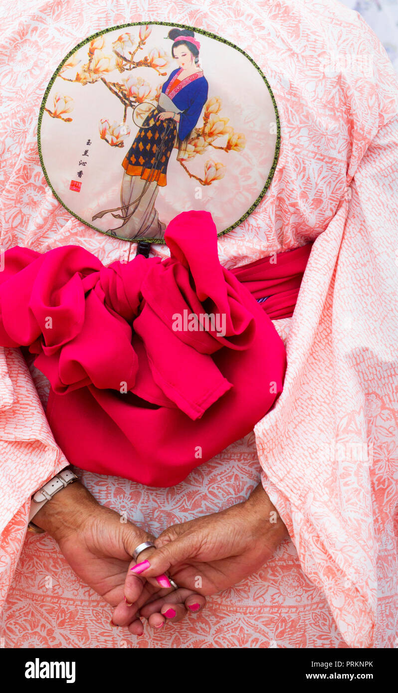 Japanese Bon Odori dancer in traditional costume. Stock Photo