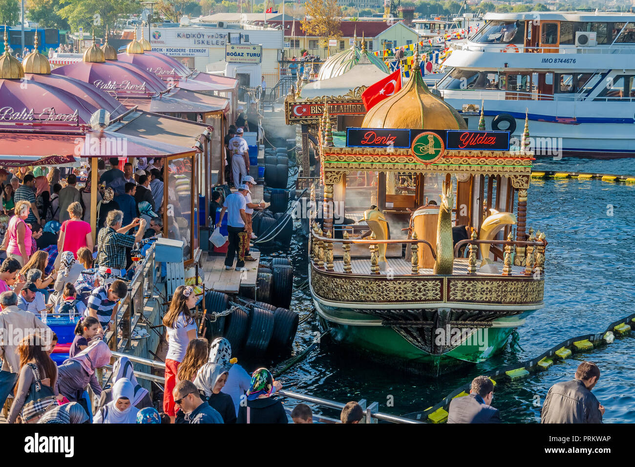 Fish sandwich boats in Eminonu, Istanbul, Turkey. Stock Photo