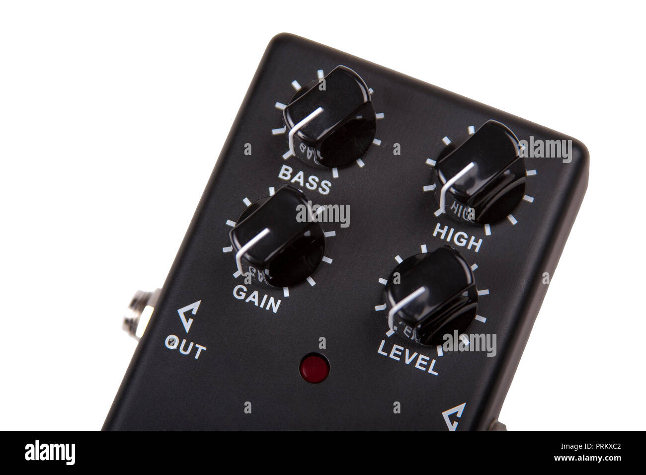 Black guitar effect pedal closeup, stage sound fx unit isolated on white. Stock Photo