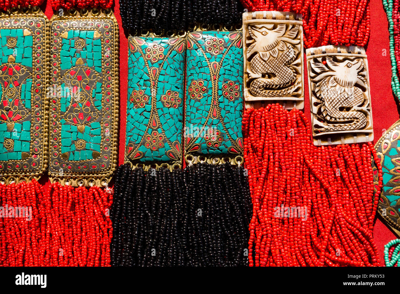 Bands and necklaces made from beads at the local market in the town of