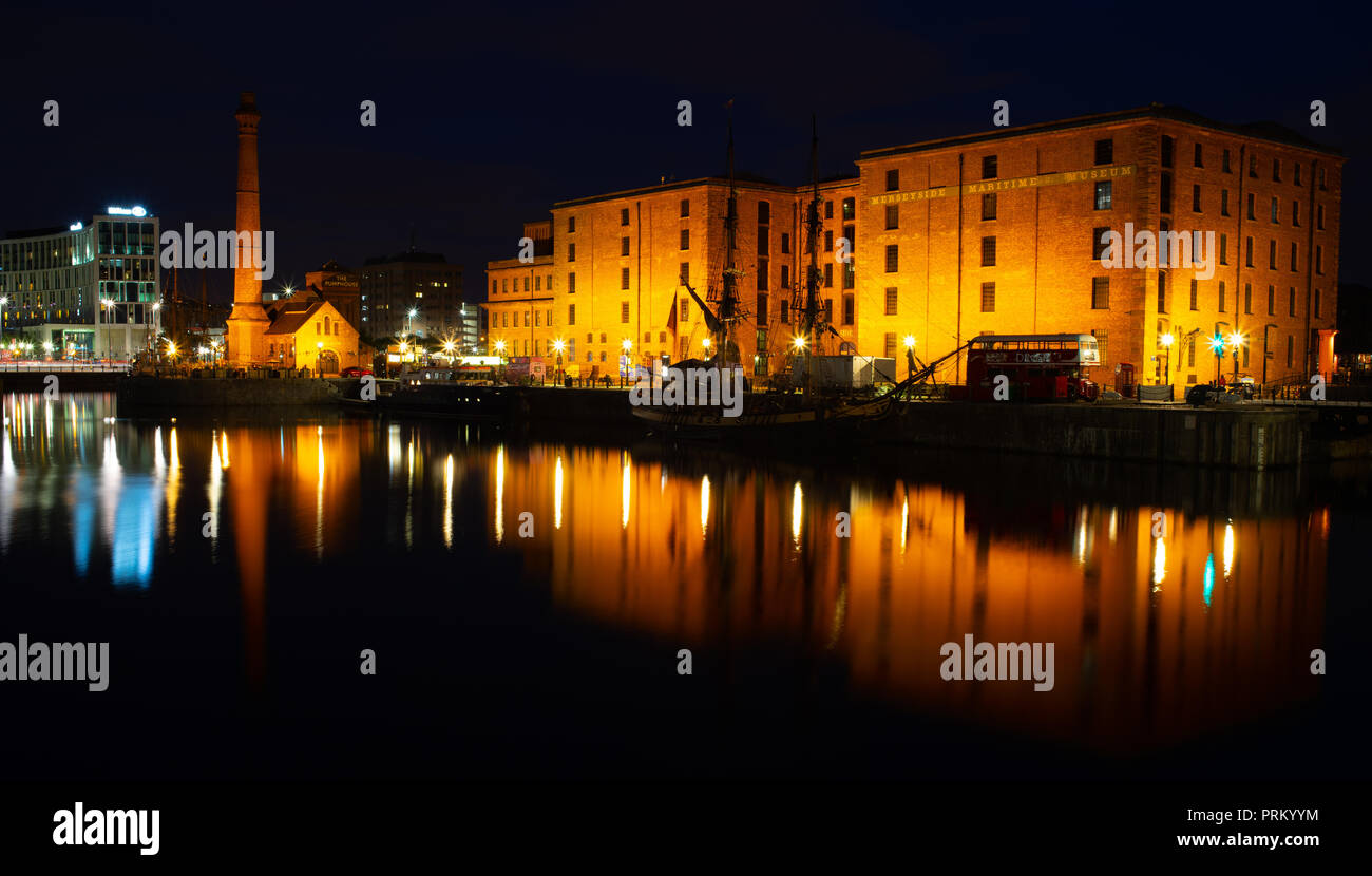 Albert Docks, viewed across Canning Dock, with the Pump House, Liverpool. Image taken in September 2018. Stock Photo