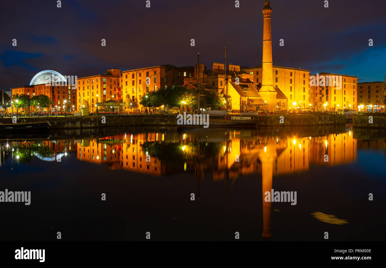 Albert Docks, viewed across Canning Dock, with the Pump House, Liverpool. Image taken in September 2018. Stock Photo