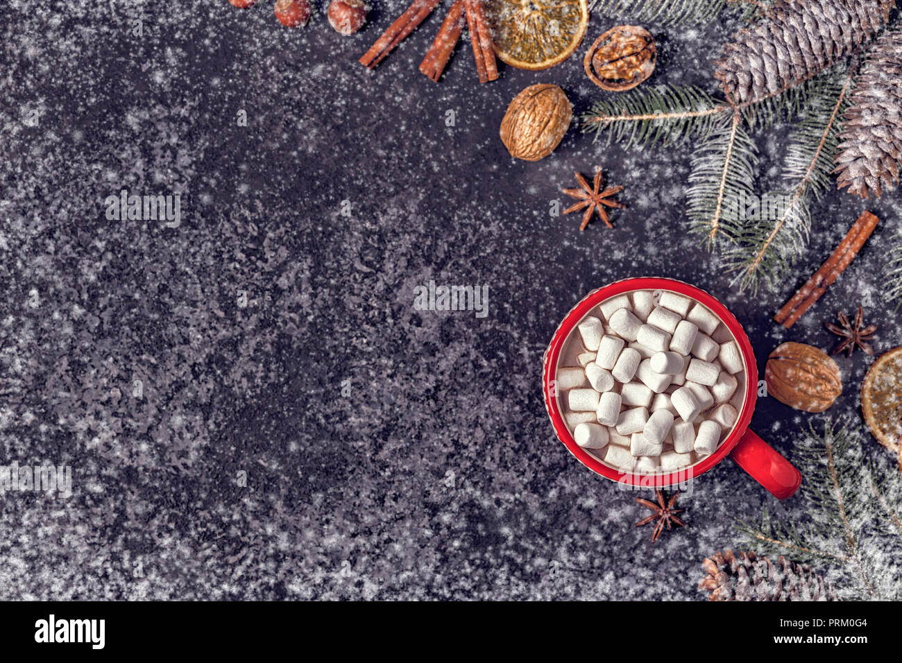 Christmas background with hot cocoa and marshmallow. Top view with copy space. Stock Photo