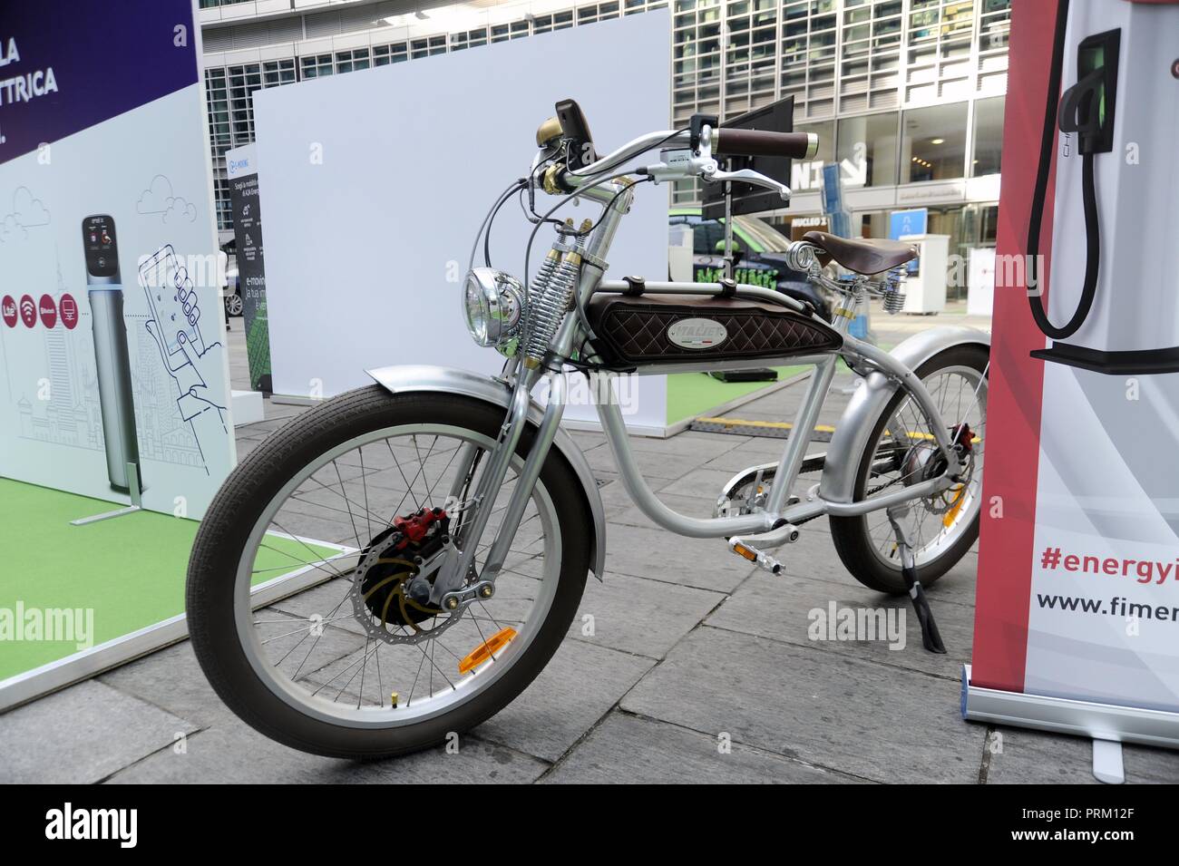 Milan (Italy), the first international meeting of electric vehicles 'E mob2018 is charging time!', 'vintage' Italjet electric bicycle Stock Photo