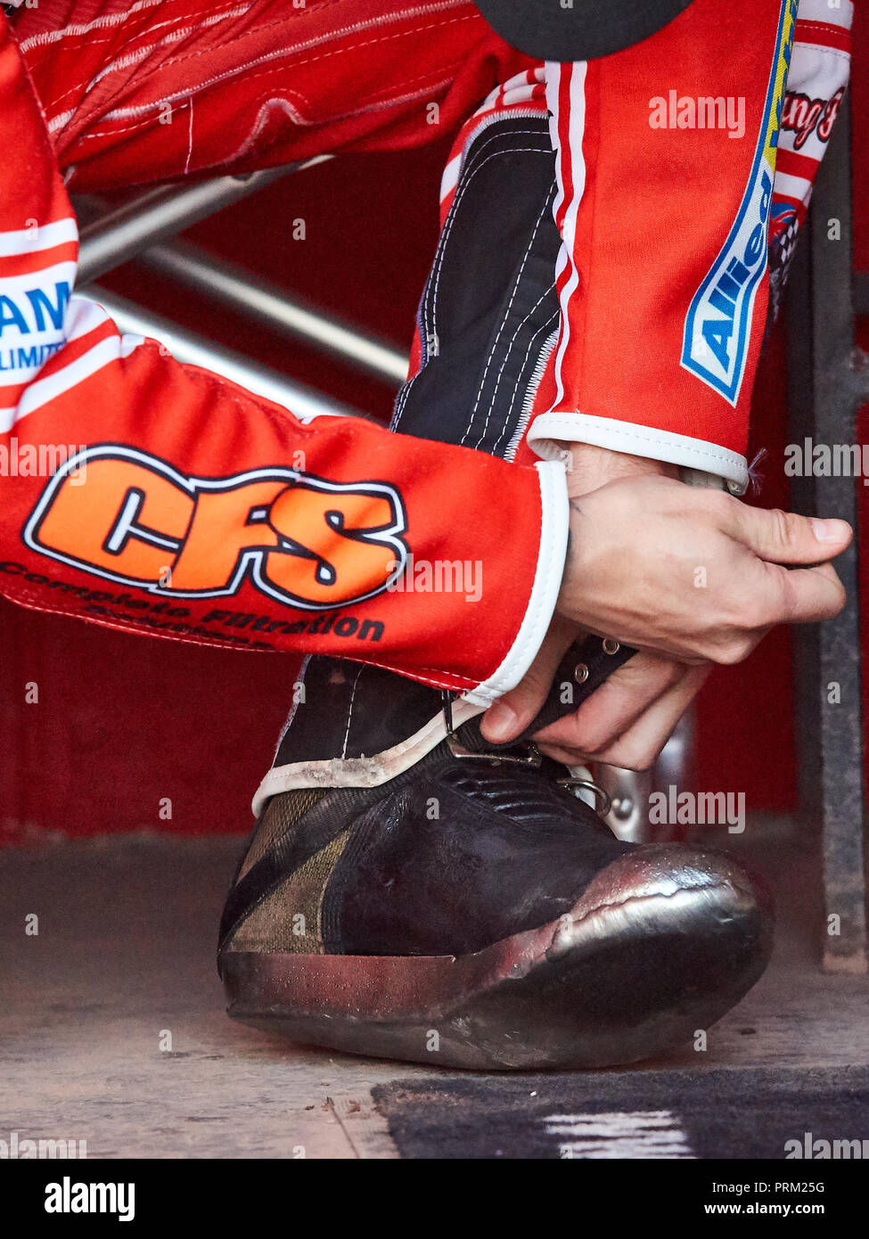 Glasgow Tigers speedway rider prepares for his turn during the match against Newcastle Diamonds Stock Photo