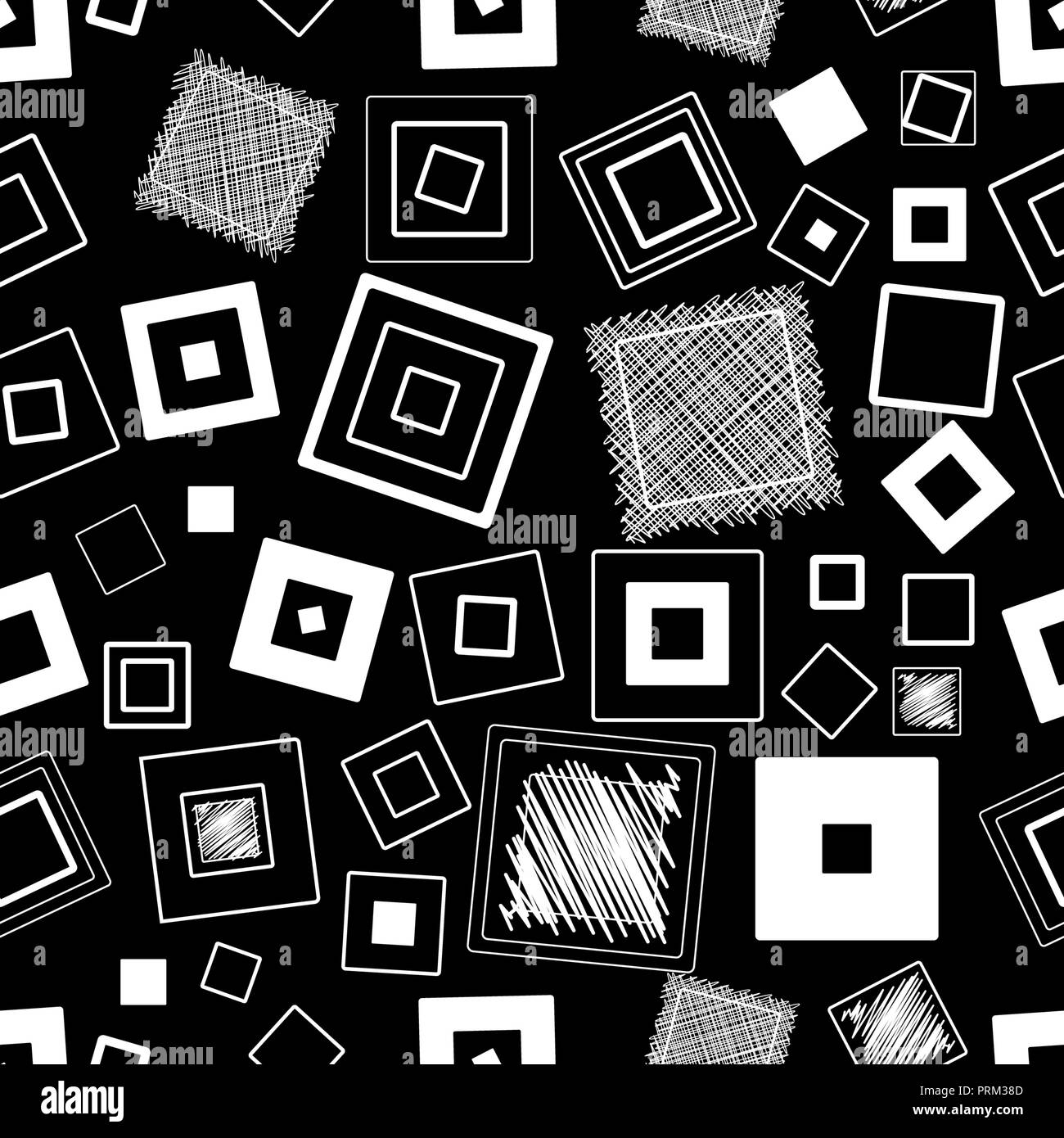 Seamless vector pattern. Squares and scribbles. Black and white Stock Photo