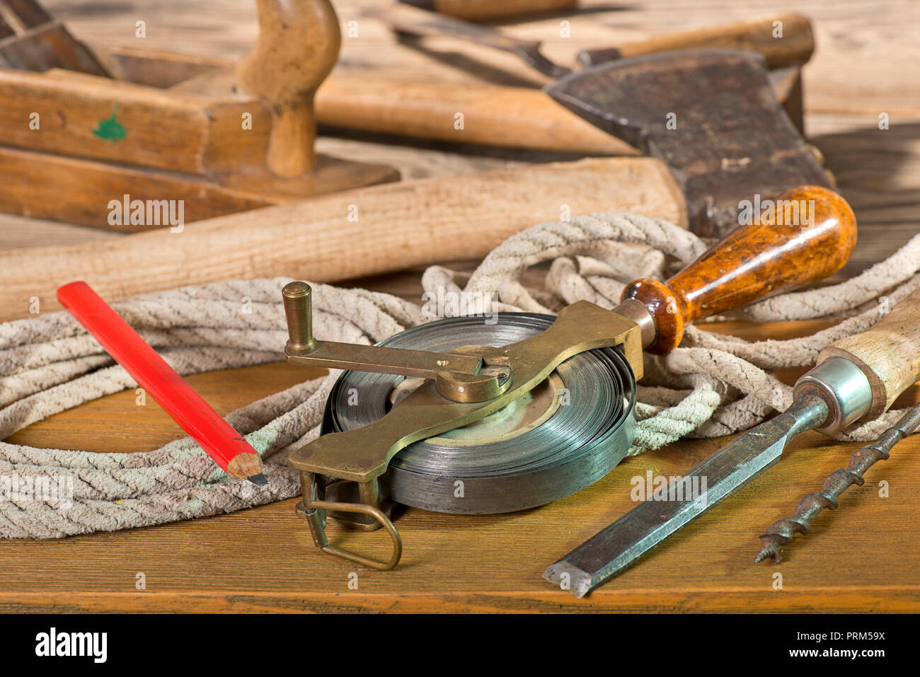 Old used tools in the joiner's shop Stock Photo