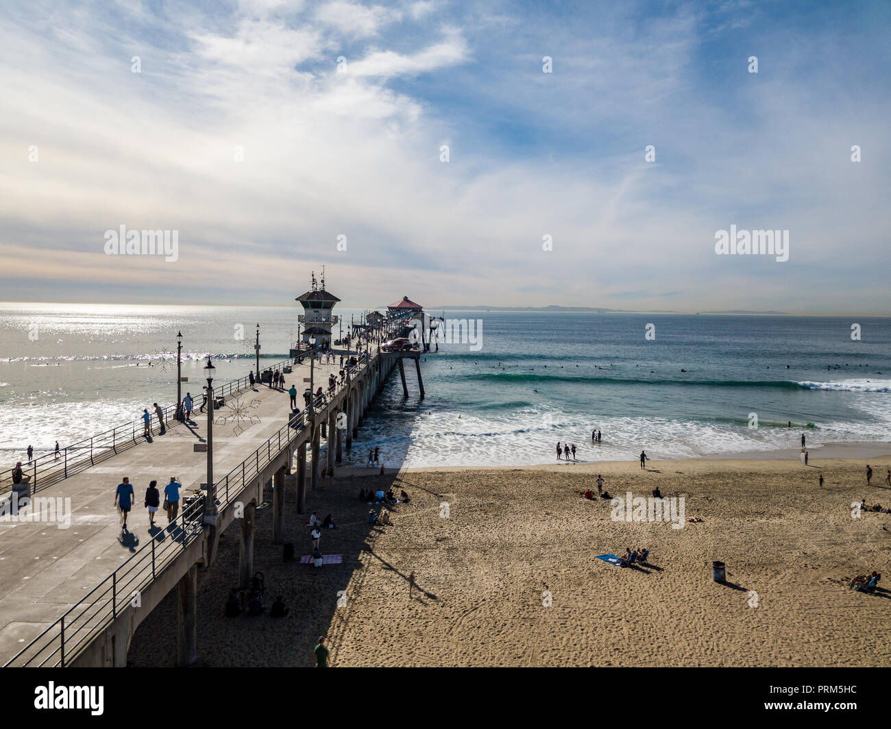 Elevated view of the beach and pier Huntington Beach, Orange County, California Stock Photo