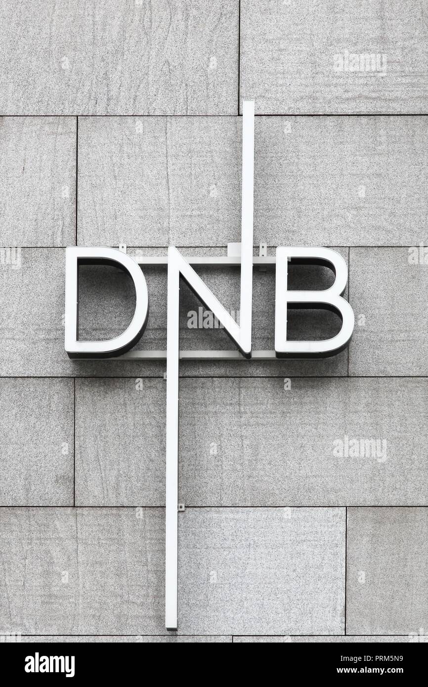 Oslo, Norway - August 27, 2018: DNB logo on a wall. DNB is Norway's largest financial services group Stock Photo