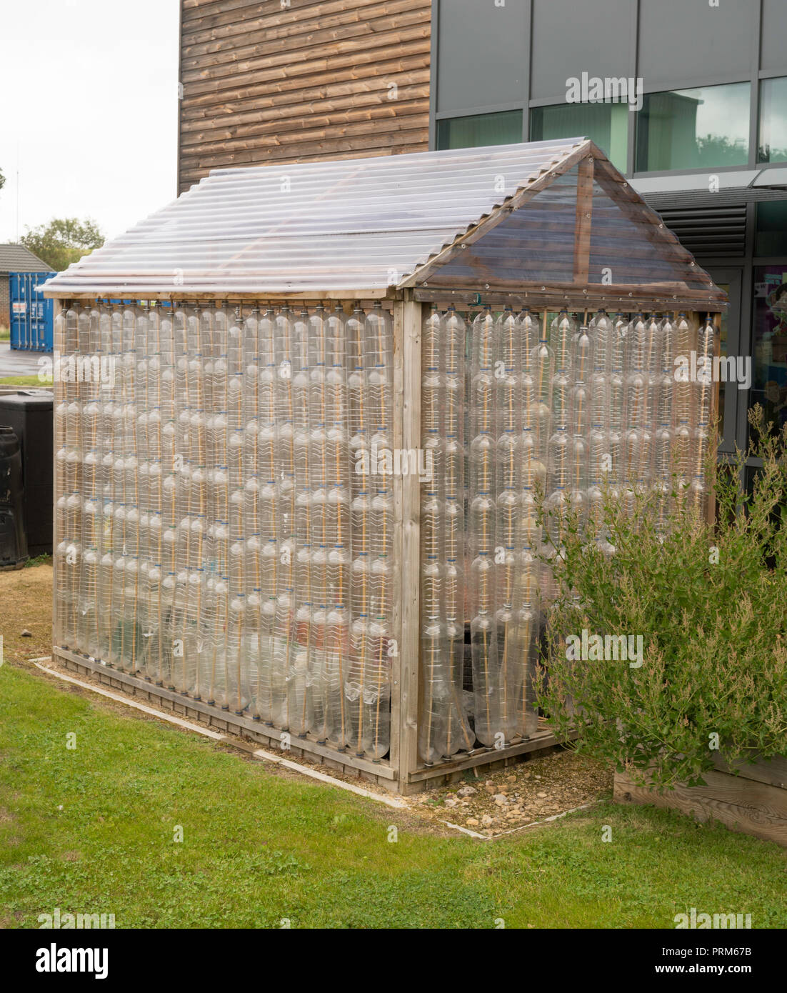 Greenhouse made from recycled plastic bottles at the Campground waste and recycling centre in Wrekenton, Gateshead, England, UK Stock Photo