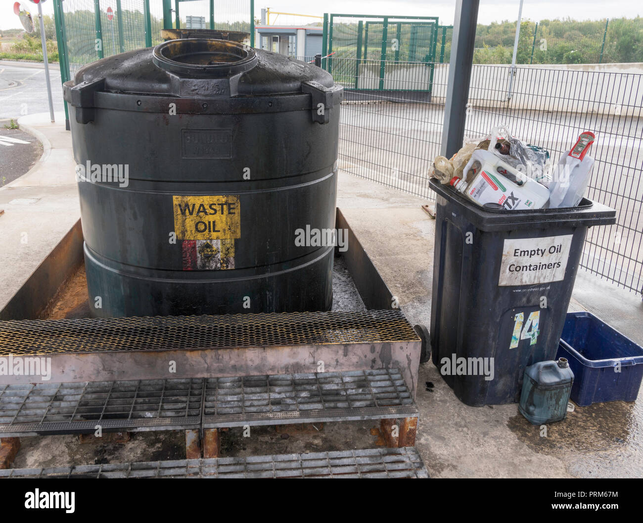 Waste motor oil recycling facility at the Campground waste and recycling centre in Wrekenton, Gateshead, England, UK Stock Photo