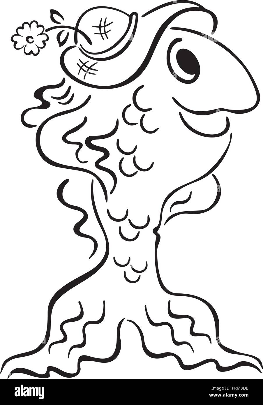 fish stand with hat cartoon. outlined cartoon handrawn sketch