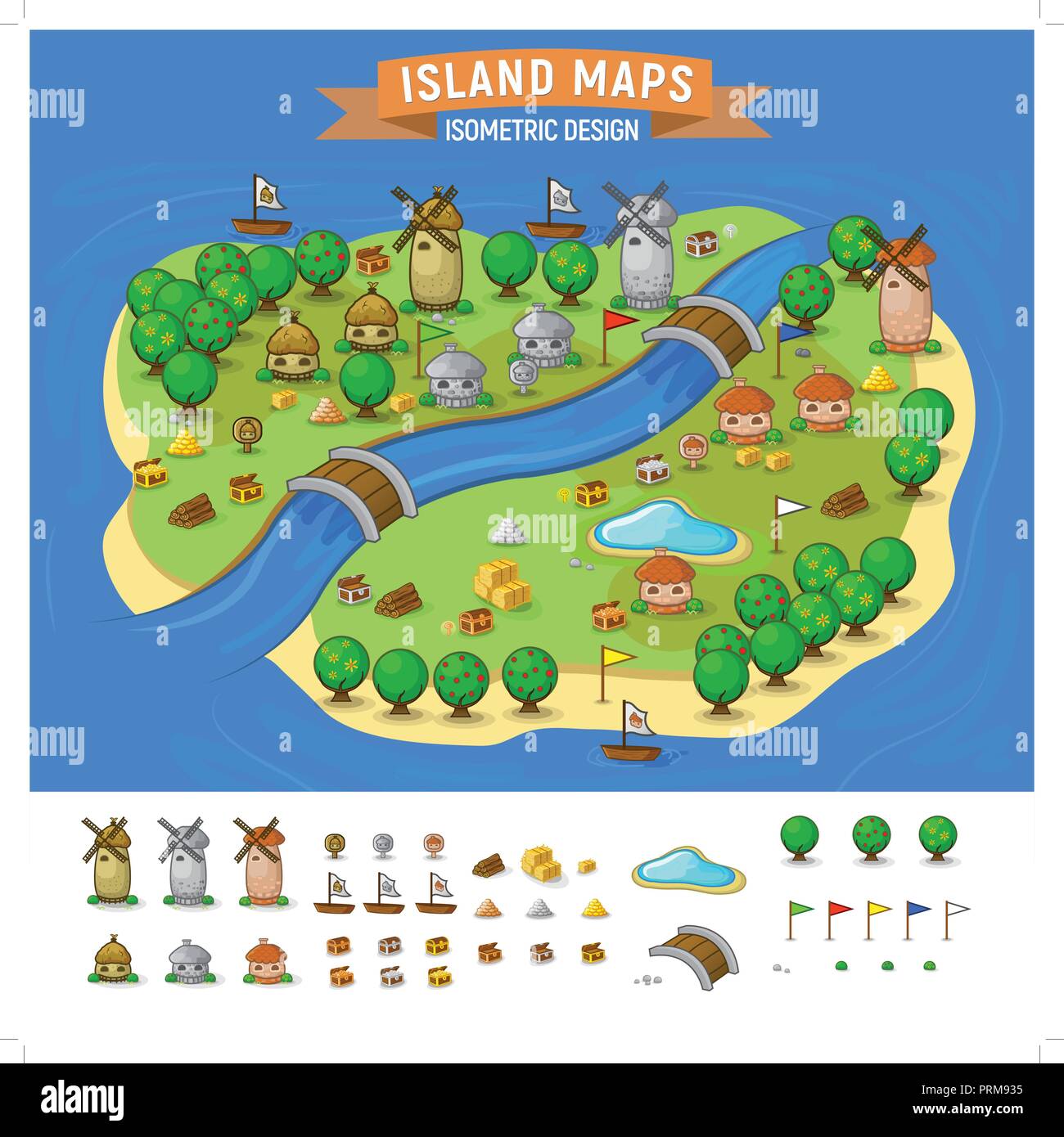 Vector set. Summer vacation. Tropical islands. Time to travel -Island Map With Elements Set Stock Vector