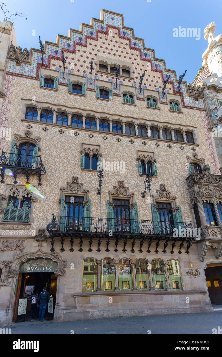 Casa Amatller is a building in the Modernisme style in Barcelona, designed by Josep Puig i Cadafalch, Catalonia, Spain. Stock Photo