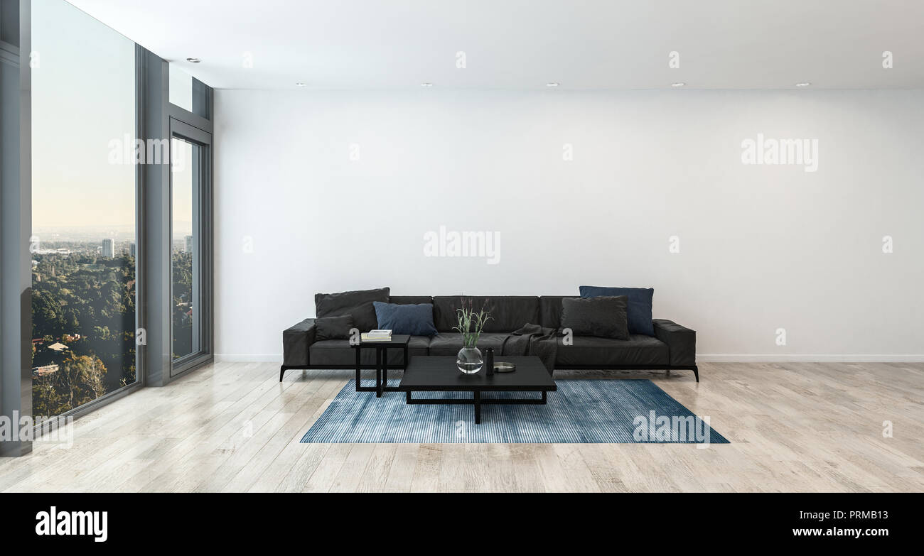 Modern Living Room With Black Sofa Near High Window And White Wall In Minimalist Interior Design 3d Rendering Stock Photo Alamy