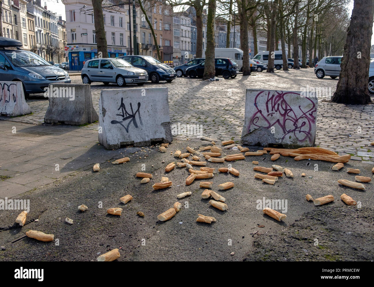 Baguettes throw onto the street at Anderlechtsepoort Anderlecht, Brussels Stock Photo