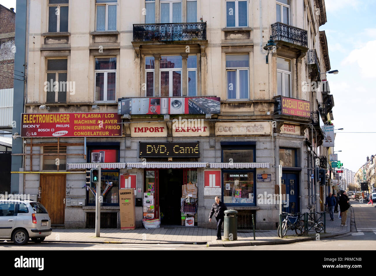 Import / Export business at the junction of Avenue Clemenceau and Chaussee de Mons, Cureghem, Anderlecht, Brussels Stock Photo