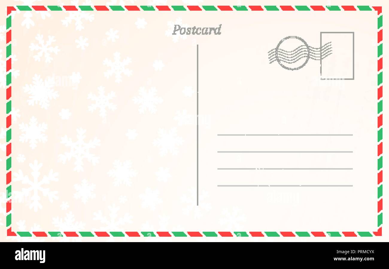 Postcard template. Paper blank postal card backside with stamp and