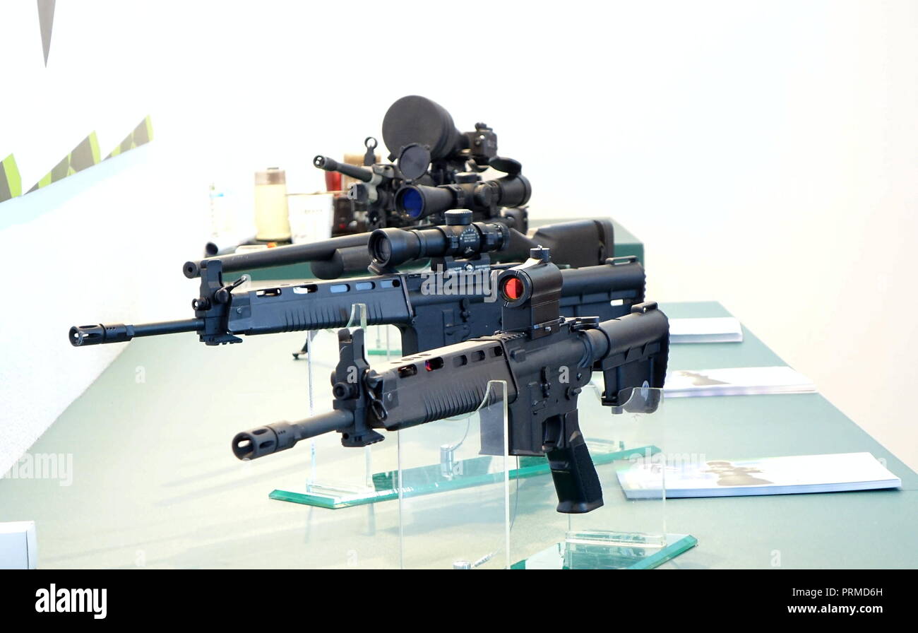 KAOHSIUNG, TAIWAN -- SEPTEMBER 29, 2018: High velocity rifles are on display at the Kaohsiung International Maritime & Defence Expo Stock Photo
