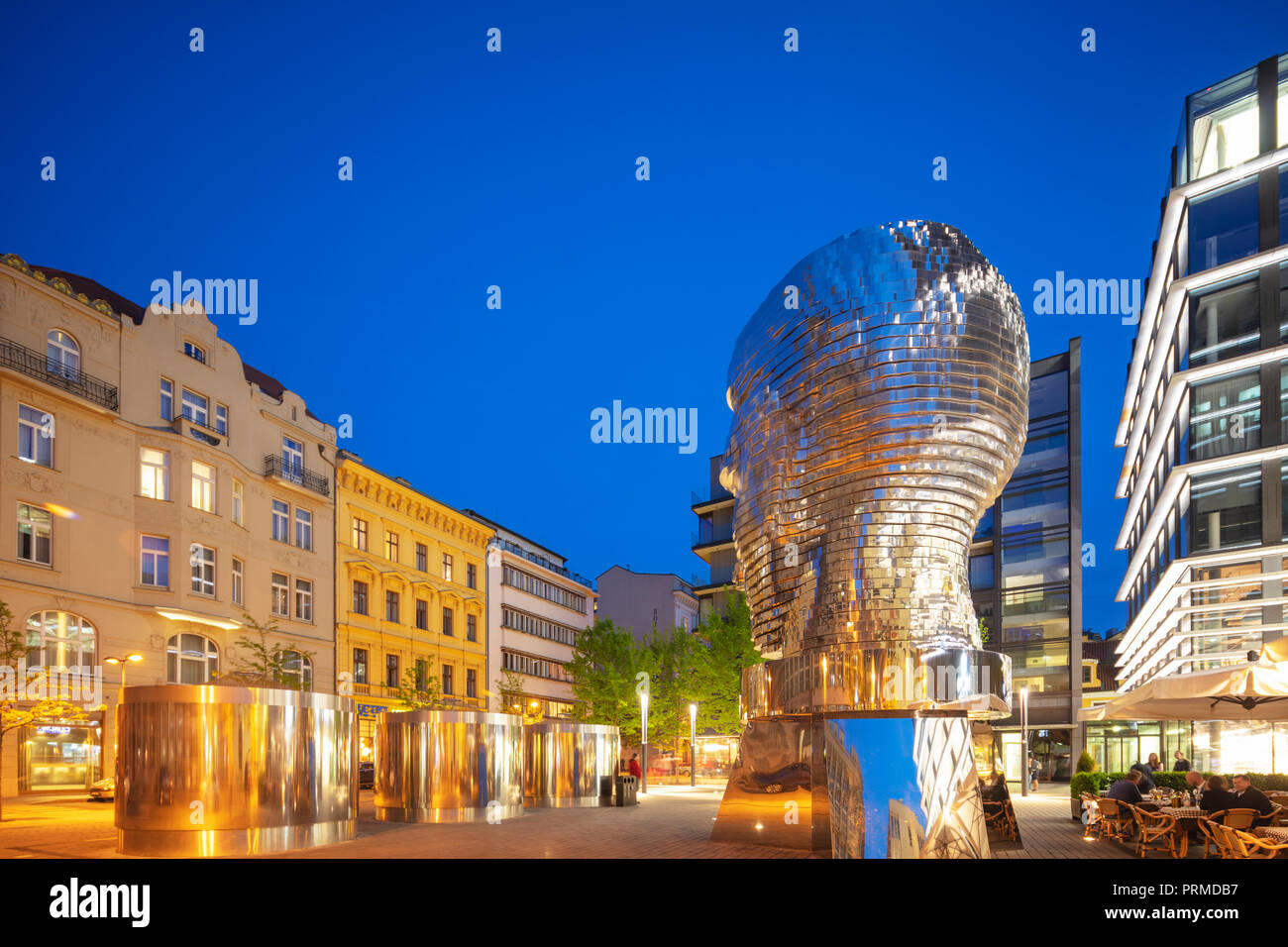 Europe, Czech Republic, Bohemia, Prague, rotating head statue of Czech writer Franz Kafka, by David Cerny at the Quadrio shopping Stock Photo