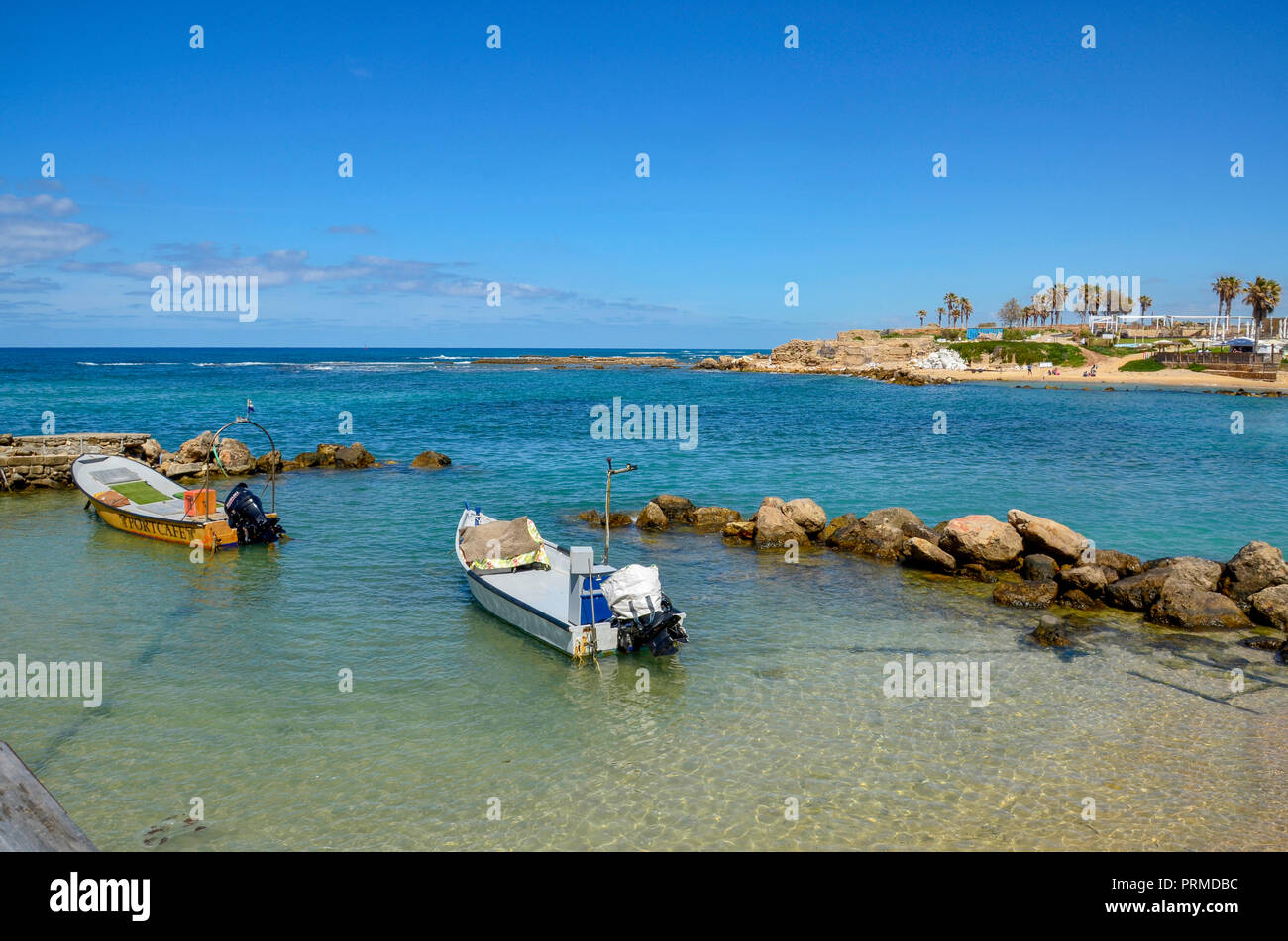 Israel, Caesarea, The old harbour now a resort beach Originally built by Herod the Great in the first century CE Stock Photo
