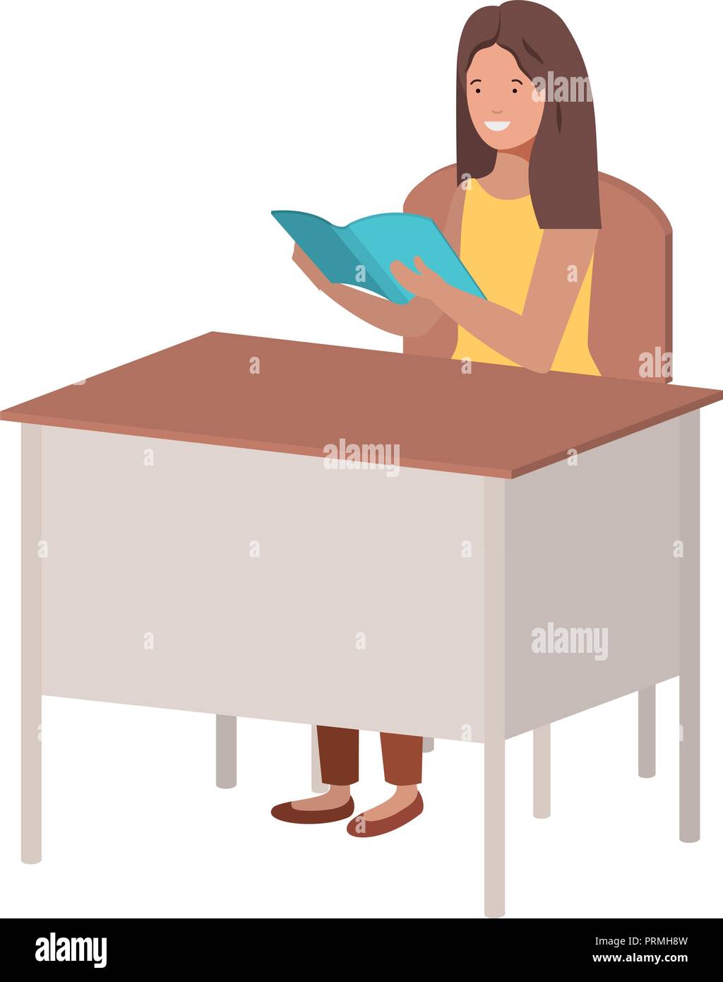 woman sitting in school chair and desk reading book Stock Vector Image ...