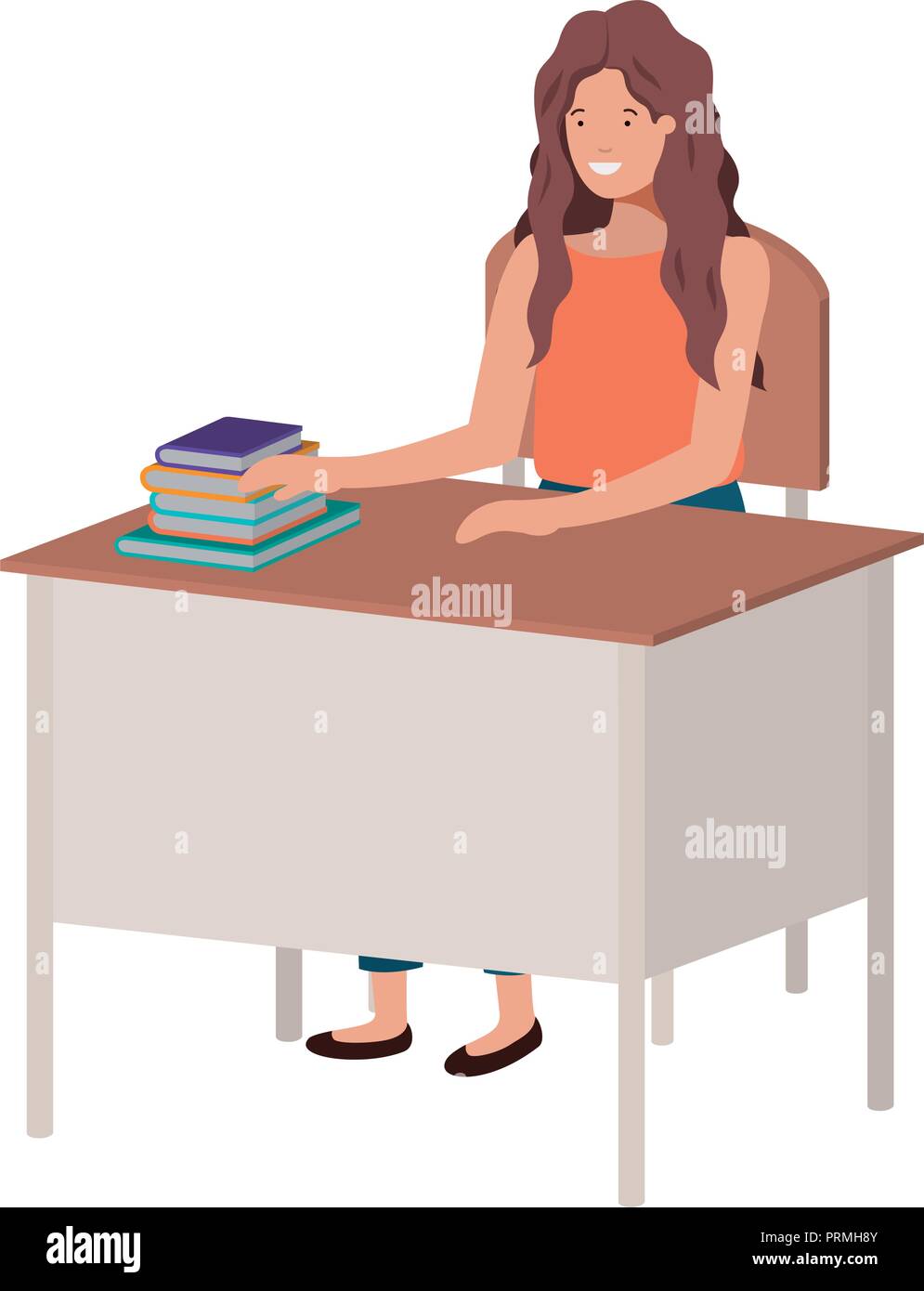 woman sitting in school chair and desk reading book Stock Vector Image ...