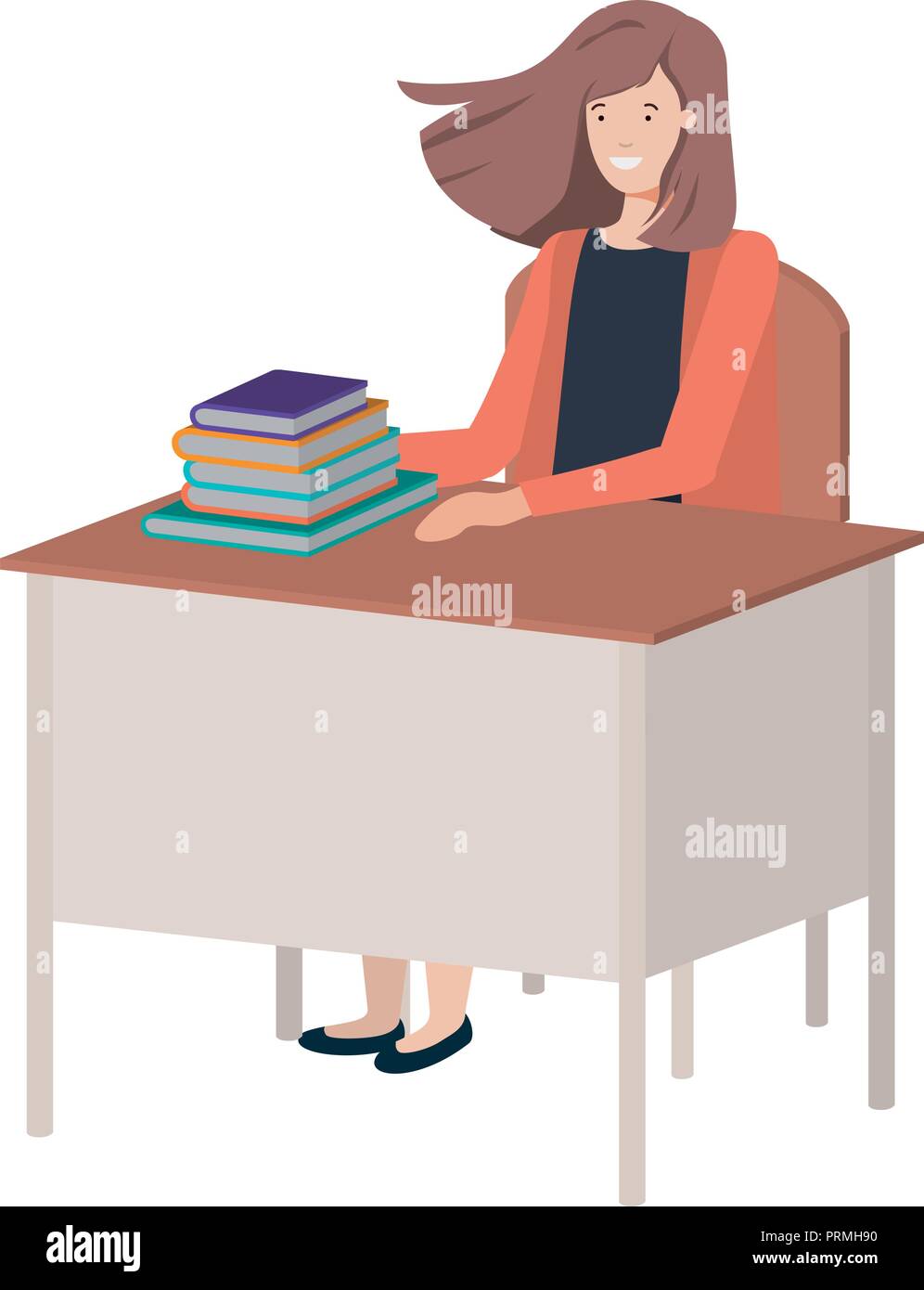 woman sitting in school chair and desk reading book Stock Vector Image ...