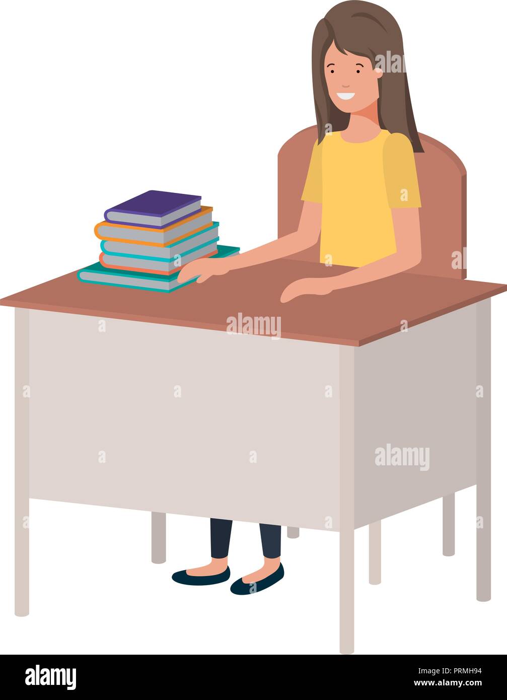 woman sitting in school chair and desk reading book Stock Vector Image ...