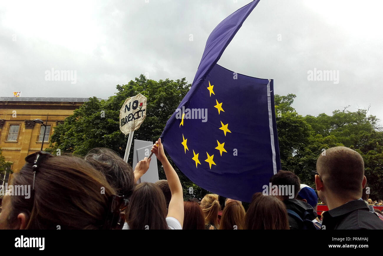 London UK, 2nd July 2016. 'March for Europe', Anti-Brexit protest. A protester waves a EU flag. Stock Photo