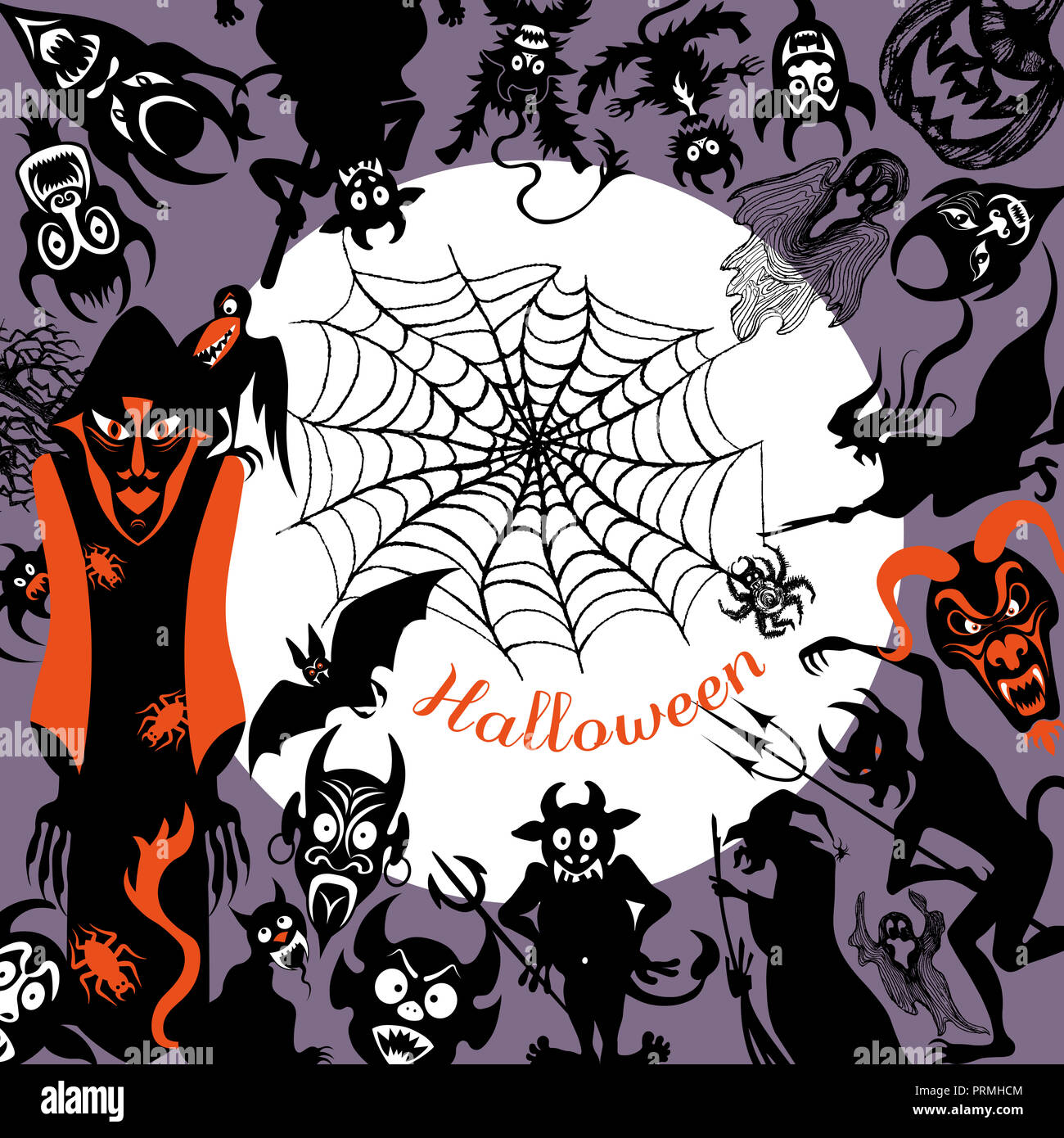 Background of Halloween icons with round frame. Template for packaging, cards, posters, menu. stock illustration. Stock Photo