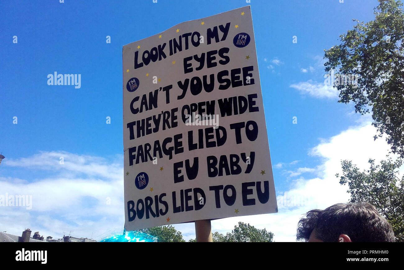London UK, 2nd July 2016. 'March for Europe', Anti-Brexit protest. A protester holds a sign saying 'British lions still being led by donkeys'. Stock Photo