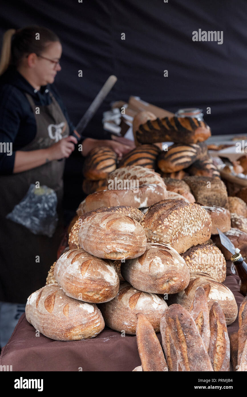 Artisan Breads for sale at the Thame food festival. Thame, Oxfordshire, England Stock Photo