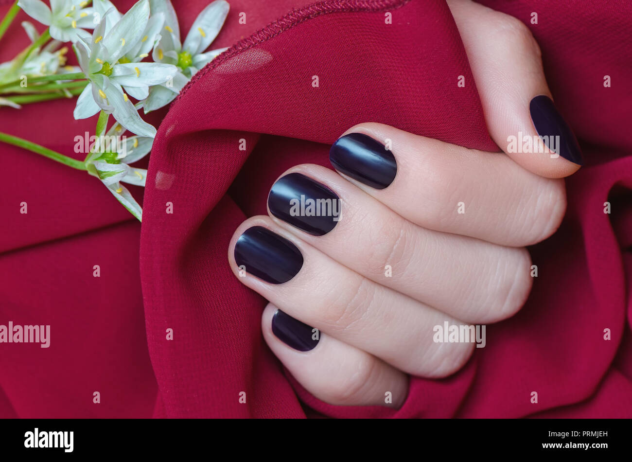 Free Photo | Female hands with purple nail design holding black cup.