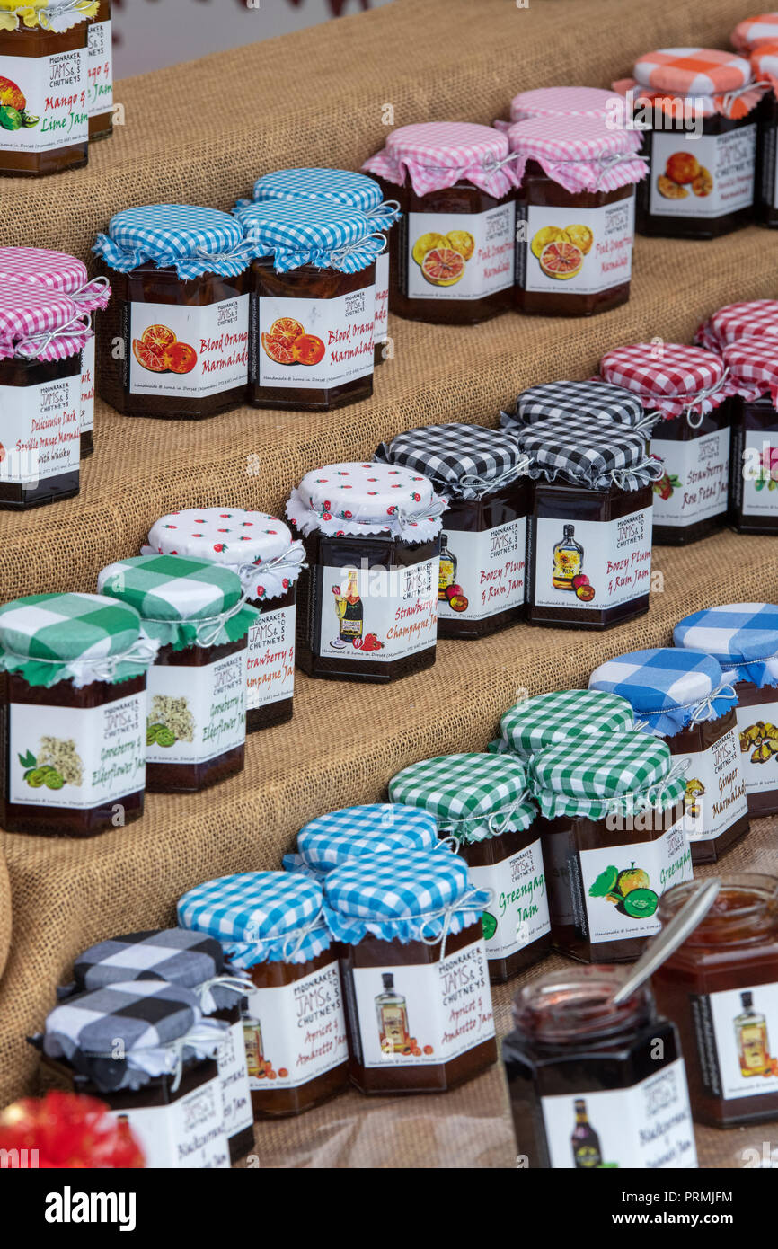 Moonraker Preserves. Artisan jam and chutney display stand at the Thame food festival. Thame, Oxfordshire, England Stock Photo