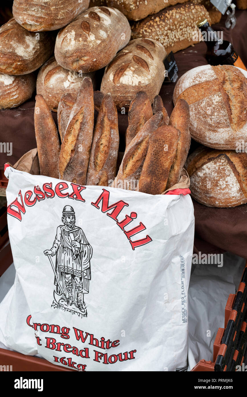 Baguettes and sourdough bread for sale at the Thame food festival. Thame, Oxfordshire, England Stock Photo