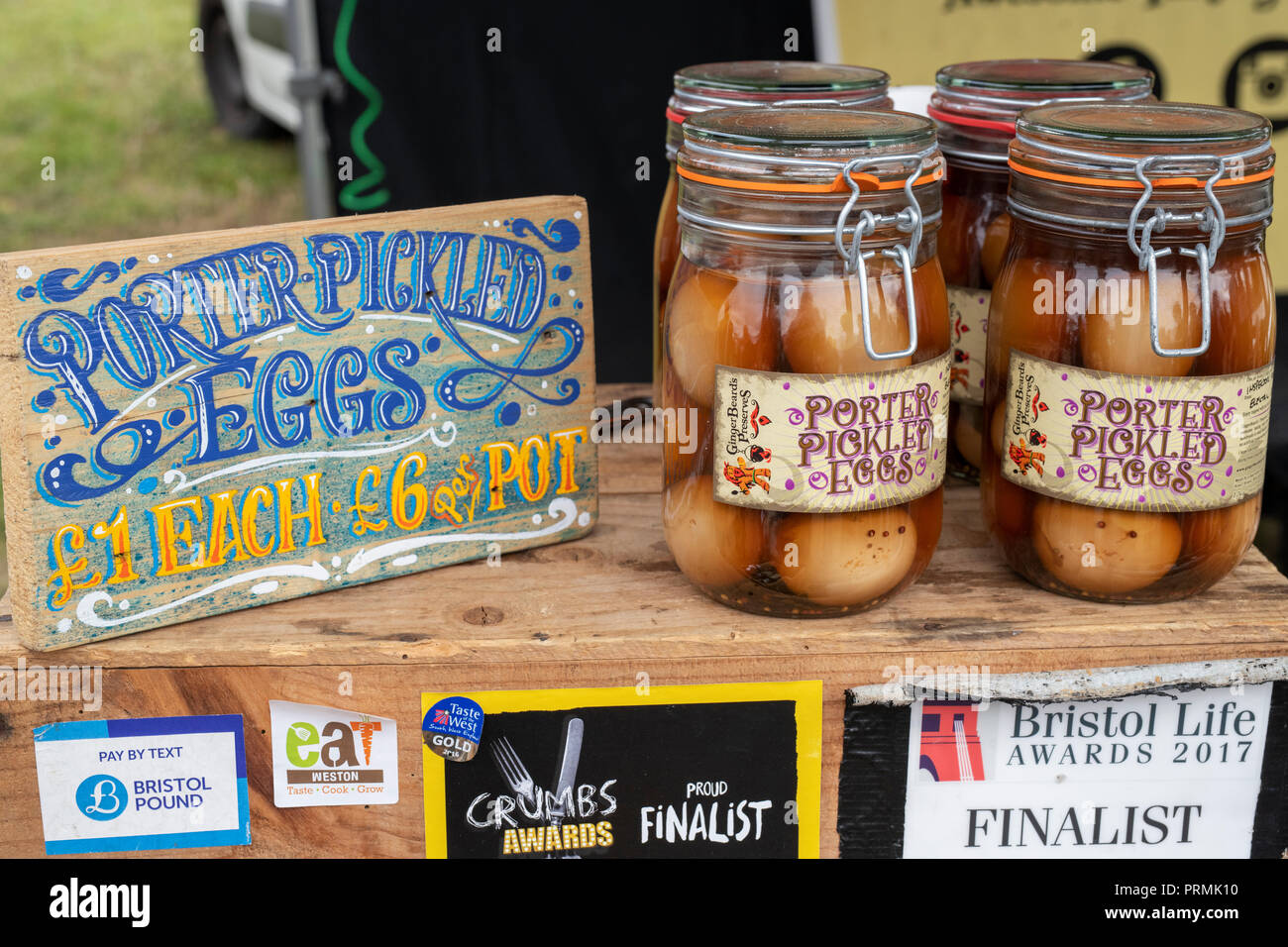 Porter pickled eggs for sale on Ginger beards preserves stall at the Thame food festival. Thame, Oxfordshire, England Stock Photo